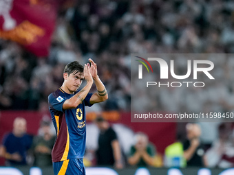 Paulo Dybala of AS Roma greets AS Roma fans leaving the pitch during the Serie A Enilive match between AS Roma and Udinese Calcio at Stadio...