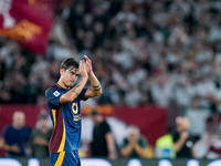 Paulo Dybala of AS Roma greets AS Roma fans leaving the pitch during the Serie A Enilive match between AS Roma and Udinese Calcio at Stadio...