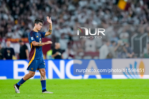 Paulo Dybala of AS Roma greets AS Roma fans leaving the pitch during the Serie A Enilive match between AS Roma and Udinese Calcio at Stadio...