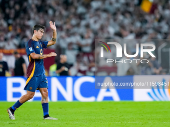 Paulo Dybala of AS Roma greets AS Roma fans leaving the pitch during the Serie A Enilive match between AS Roma and Udinese Calcio at Stadio...