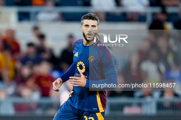 Mario Hermoso of AS Roma looks on during the Serie A Enilive match between AS Roma and Udinese Calcio at Stadio Olimpico on September 22, 20...