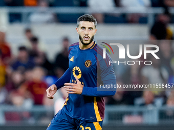 Mario Hermoso of AS Roma looks on during the Serie A Enilive match between AS Roma and Udinese Calcio at Stadio Olimpico on September 22, 20...