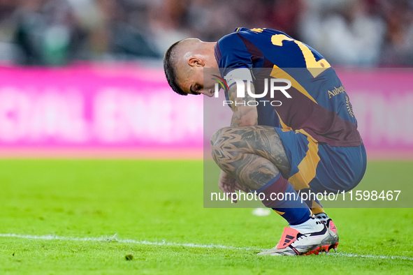 Gianluca Mancini of AS Roma looks dejected during the Serie A Enilive match between AS Roma and Udinese Calcio at Stadio Olimpico on Septemb...