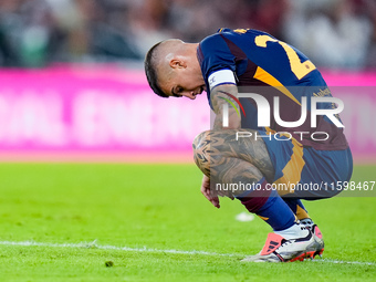 Gianluca Mancini of AS Roma looks dejected during the Serie A Enilive match between AS Roma and Udinese Calcio at Stadio Olimpico on Septemb...