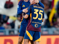 Matias Soule' of AS Roma celebrates the victory with Tommaso Baldanzi during the Serie A Enilive match between AS Roma and Udinese Calcio at...