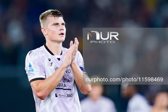 Jaka Bijol of Udinese Calcio applauds during the Serie A Enilive match between AS Roma and Udinese Calcio at Stadio Olimpico on September 22...