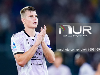 Jaka Bijol of Udinese Calcio applauds during the Serie A Enilive match between AS Roma and Udinese Calcio at Stadio Olimpico on September 22...