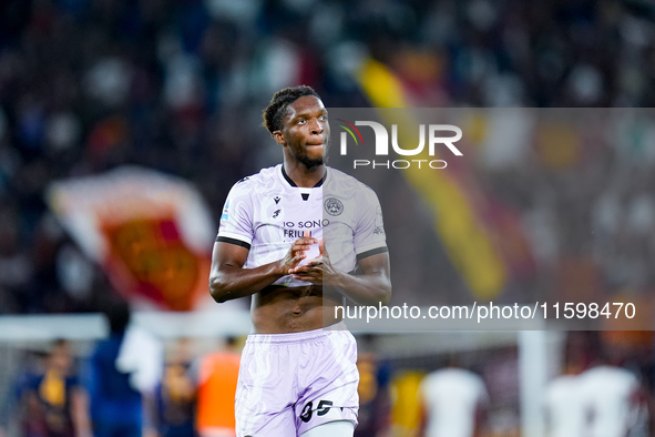 Isaak Toure' of Udinese Calcio applauds during the Serie A Enilive match between AS Roma and Udinese Calcio at Stadio Olimpico on September...