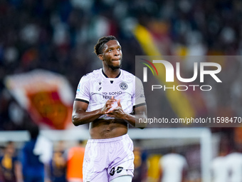 Isaak Toure' of Udinese Calcio applauds during the Serie A Enilive match between AS Roma and Udinese Calcio at Stadio Olimpico on September...