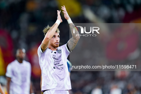 Iker Bravo of Udinese Calcio applauds during the Serie A Enilive match between AS Roma and Udinese Calcio at Stadio Olimpico on September 22...