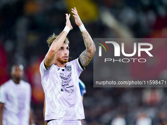 Iker Bravo of Udinese Calcio applauds during the Serie A Enilive match between AS Roma and Udinese Calcio at Stadio Olimpico on September 22...