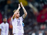 Iker Bravo of Udinese Calcio applauds during the Serie A Enilive match between AS Roma and Udinese Calcio at Stadio Olimpico on September 22...