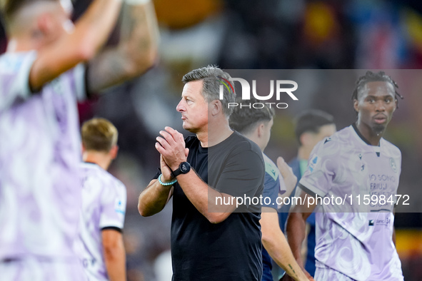 Kosta Runjaic head coach of Udinese Calcio applauds during the Serie A Enilive match between AS Roma and Udinese Calcio at Stadio Olimpico o...