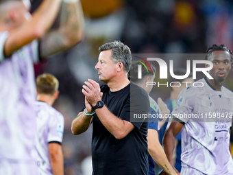 Kosta Runjaic head coach of Udinese Calcio applauds during the Serie A Enilive match between AS Roma and Udinese Calcio at Stadio Olimpico o...