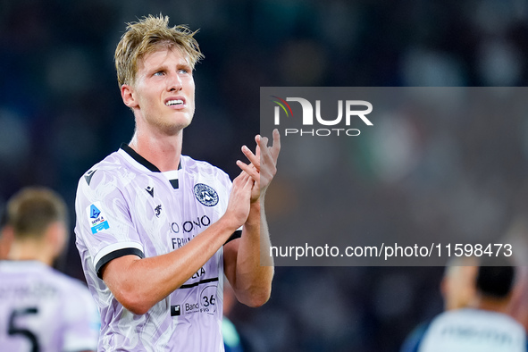 Thomas Thiesson Kristensen of Udinese Calcio applauds during the Serie A Enilive match between AS Roma and Udinese Calcio at Stadio Olimpico...