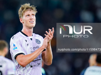 Thomas Thiesson Kristensen of Udinese Calcio applauds during the Serie A Enilive match between AS Roma and Udinese Calcio at Stadio Olimpico...