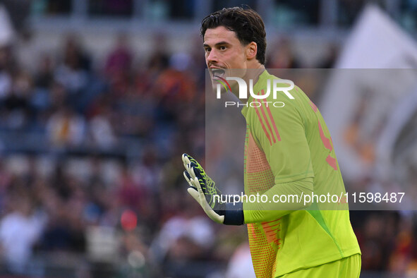 Mile Svilar of A.S. Roma is in action during the 5th day of the Serie A Championship between A.S. Roma and Udinese Calcio at the Olympic Sta...