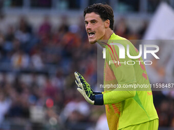 Mile Svilar of A.S. Roma is in action during the 5th day of the Serie A Championship between A.S. Roma and Udinese Calcio at the Olympic Sta...