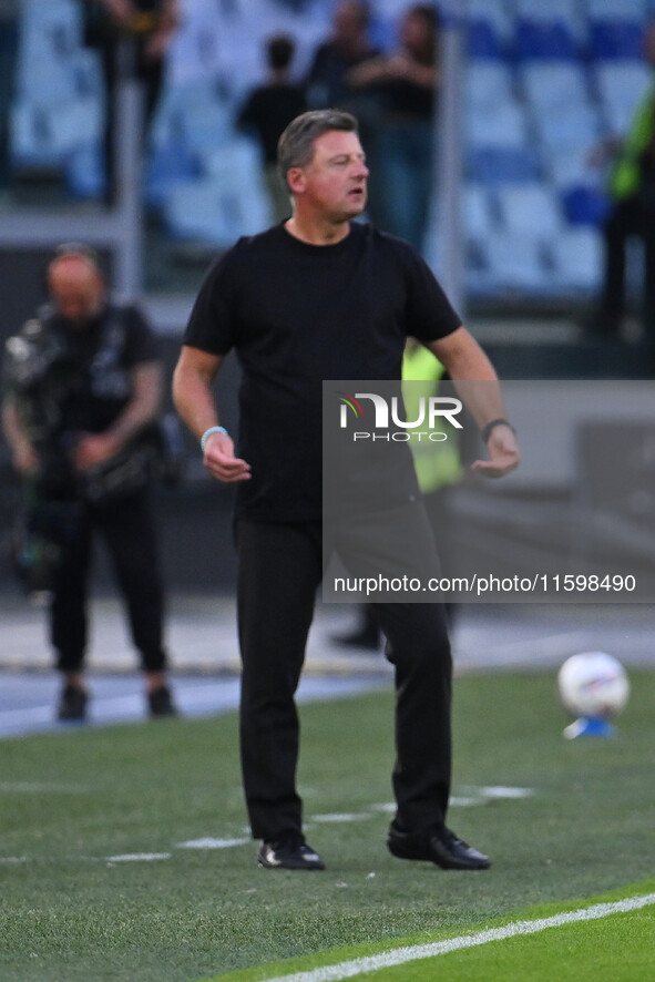 Kosta Runjaic coaches Udinese Calcio during the 5th day of the Serie A Championship between A.S. Roma and Udinese Calcio at the Olympic Stad...