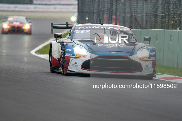 Maxime Robin, Romain Leroux, and Lorcan Hanafin of the Walkenhorst Motorsport team drive an Aston Martin Vantage AMR GT3 EVO during the qual...