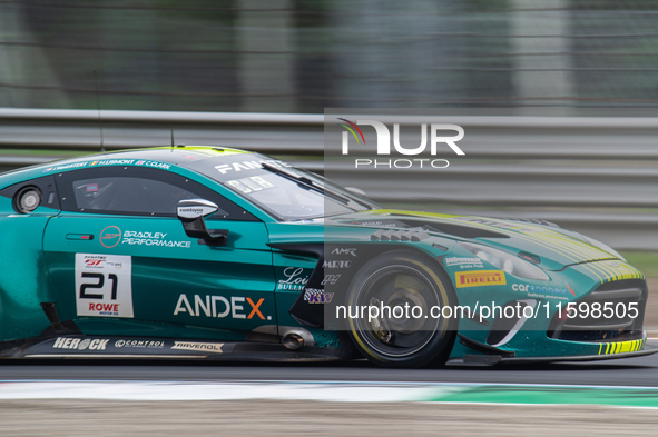 Charles Clark, Matisse Lismont, and Sam Dejonghe of the Comtoyou Racing team drive an Aston Martin Vantage AMR GT3 EVO during the qualifying...