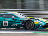 Charles Clark, Matisse Lismont, and Sam Dejonghe of the Comtoyou Racing team drive an Aston Martin Vantage AMR GT3 EVO during the qualifying...