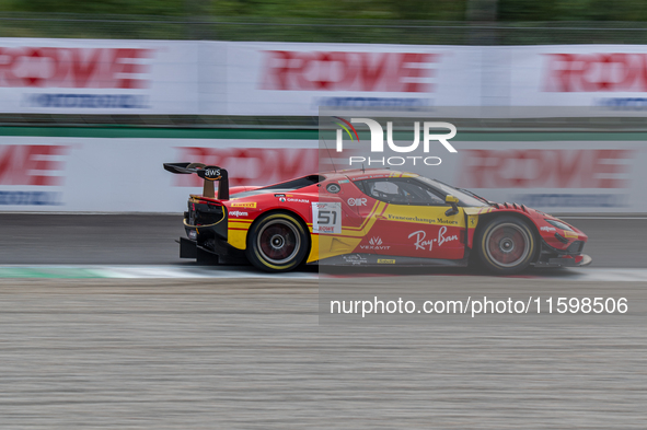 Alessio Rovera, Davide Rigon, and Alessandro Pier Guidi of team AF Corse - Francorchamps Motors drive a Ferrari 296 GT3 during qualifying of...