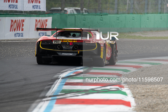 Alessio Rovera, Davide Rigon, and Alessandro Pier Guidi of team AF Corse - Francorchamps Motors drive a Ferrari 296 GT3 during qualifying of...