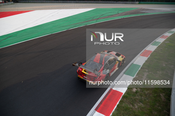 Darren Leung, Toby Sowery, and Jake Dennis of Team Century Motorsport drive a BMW M4 GT3 during a race of the Fanatec GT World Challenge in...