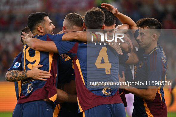 Paulo Dybala of A.S. Roma celebrates after scoring the goal of 2-0 during the 5th day of the Serie A Championship between A.S. Roma and Udin...