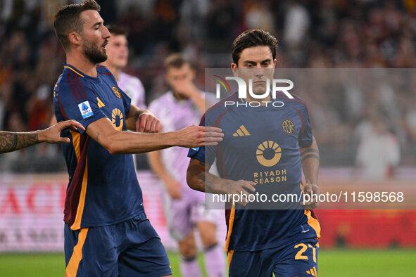 Paulo Dybala of A.S. Roma celebrates after scoring the goal of 2-0 during the 5th day of the Serie A Championship between A.S. Roma and Udin...