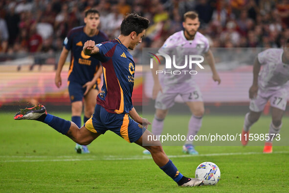 Paulo Dybala of A.S. Roma scores the 2-0 goal during the 5th day of the Serie A Championship between A.S. Roma and Udinese Calcio at the Oly...