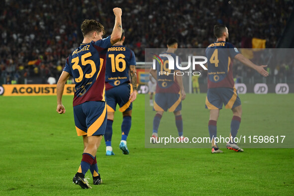 Tommaso Baldanzi of A.S. Roma celebrates after scoring the third goal during the 5th day of the Serie A Championship between A.S. Roma and U...