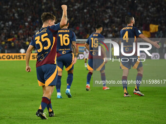 Tommaso Baldanzi of A.S. Roma celebrates after scoring the third goal during the 5th day of the Serie A Championship between A.S. Roma and U...