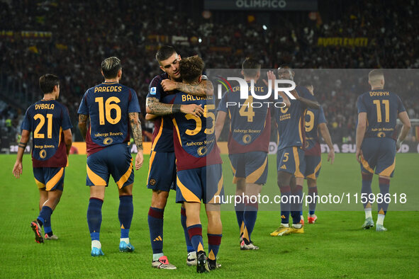 Tommaso Baldanzi of A.S. Roma celebrates after scoring the third goal during the 5th day of the Serie A Championship between A.S. Roma and U...