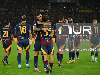 Tommaso Baldanzi of A.S. Roma celebrates after scoring the third goal during the 5th day of the Serie A Championship between A.S. Roma and U...