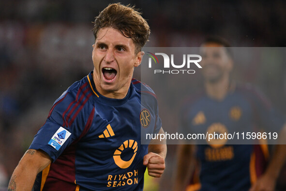 Tommaso Baldanzi of A.S. Roma celebrates after scoring the third goal during the 5th day of the Serie A Championship between A.S. Roma and U...