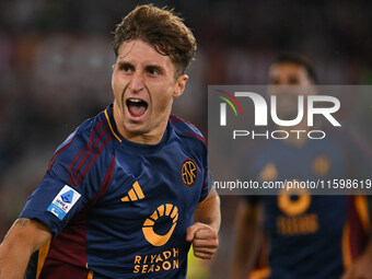 Tommaso Baldanzi of A.S. Roma celebrates after scoring the third goal during the 5th day of the Serie A Championship between A.S. Roma and U...