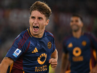 Tommaso Baldanzi of A.S. Roma celebrates after scoring the third goal during the 5th day of the Serie A Championship between A.S. Roma and U...