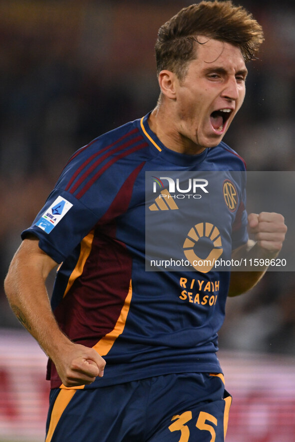 Tommaso Baldanzi of A.S. Roma celebrates after scoring the third goal during the 5th day of the Serie A Championship between A.S. Roma and U...