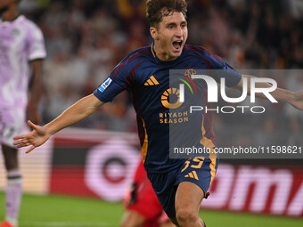 Tommaso Baldanzi of A.S. Roma celebrates after scoring the third goal during the 5th day of the Serie A Championship between A.S. Roma and U...