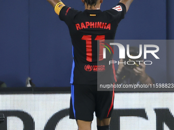 Raphinha of FC Barcelona celebrates after scoring the 1-5 goal during the La Liga match between Villarreal CF and FC Barcelona at La Ceramic...