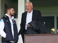 Former Hartlepool United manager Ronnie Moore talks to Hartlepool United's Luke Waterfall during the Vanarama National League match between...