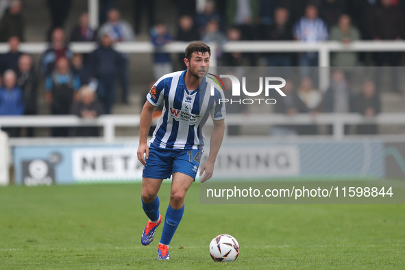 Nathan Sheron of Hartlepool United plays during the Vanarama National League match between Hartlepool United and Dagenham and Redbridge at V...