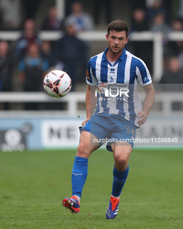 Nathan Sheron of Hartlepool United plays during the Vanarama National League match between Hartlepool United and Dagenham and Redbridge at V...