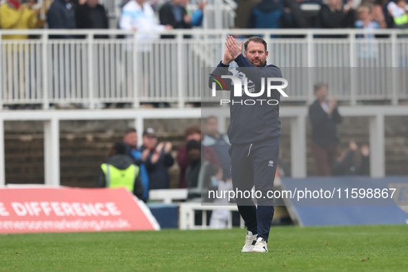 Hartlepool manager Darren Sarll pplauds their supporters after the Vanarama National League match between Hartlepool United and Dagenham and...