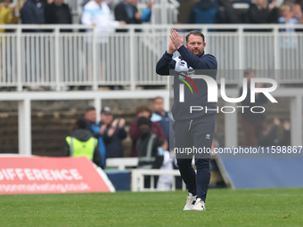 Hartlepool manager Darren Sarll pplauds their supporters after the Vanarama National League match between Hartlepool United and Dagenham and...