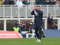 Hartlepool manager Darren Sarll pplauds their supporters after the Vanarama National League match between Hartlepool United and Dagenham and...