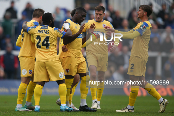 Josh Umerah of Dagenham & Redbridge celebrates his goal during the Vanarama National League match between Hartlepool United and Dagenham & R...