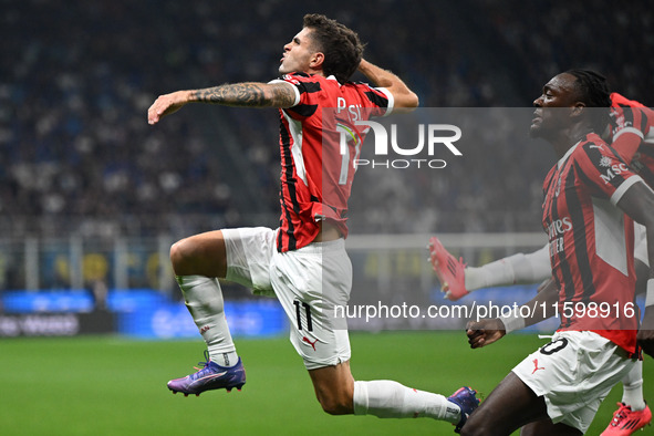 Christian Pulisic of AC Milan celebrates after a goal during the Italian Serie A football match between Inter FC and AC Milan in Milan, Ital...